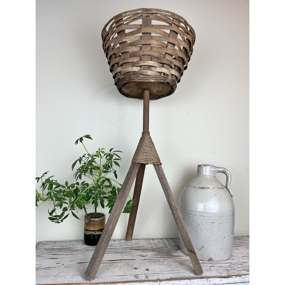 Vintage MCM Hand Woven Wicker Basket Planter On Wooden Legged Tripod Stand Boho